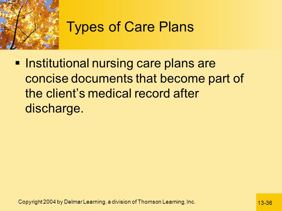 Types of Care Plans Institutional nursing care plans are concise documents that become part of the client’s medical record after discharge.