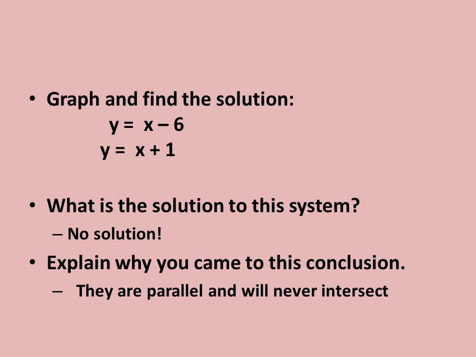 Graph and find the solution: y = x – 6 y = x + 1