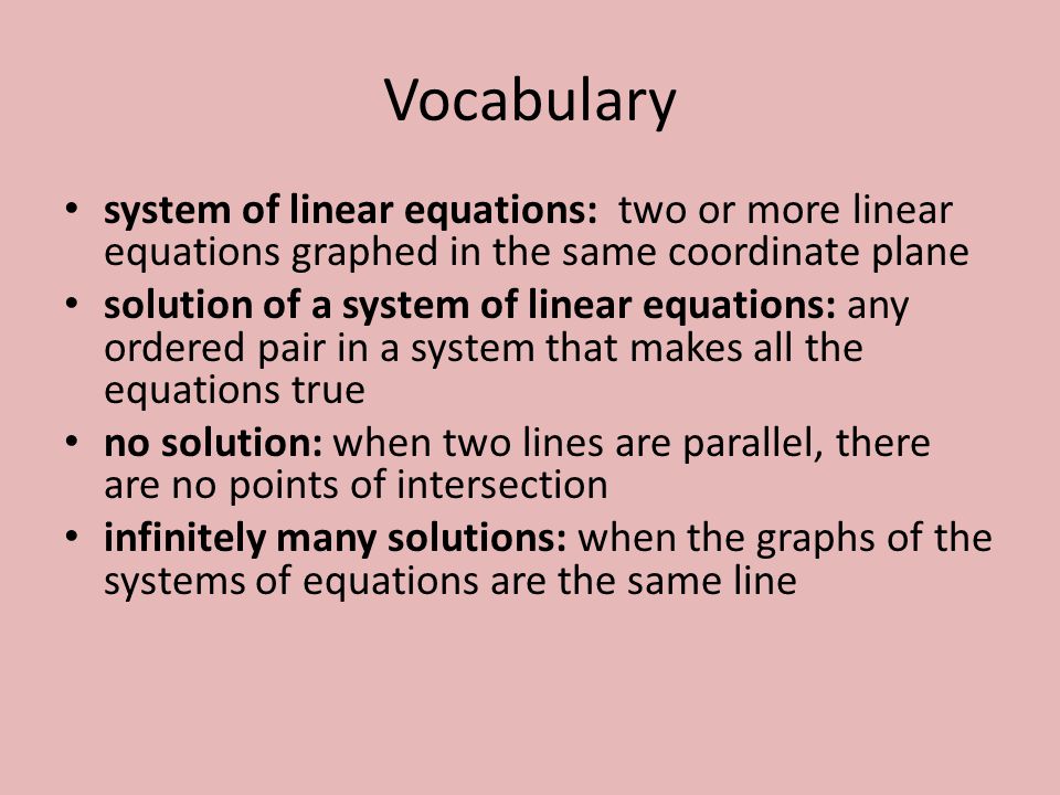 Vocabulary system of linear equations: two or more linear equations graphed in the same coordinate plane.