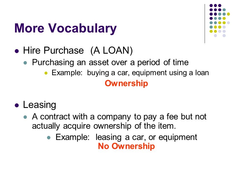 More Vocabulary Hire Purchase (A LOAN) Leasing
