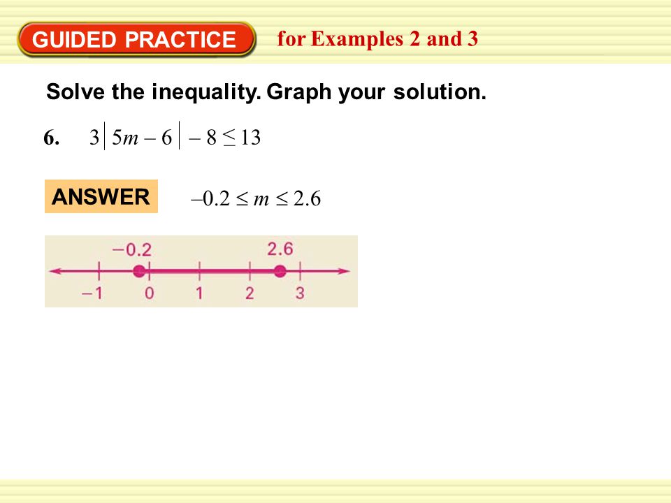 GUIDED PRACTICE for Examples 2 and 3. Solve the inequality. Graph your solution m – 6 –