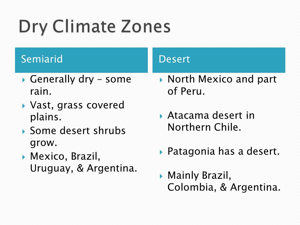 Dry Climate Zones Semiarid Desert Generally dry – some rain.