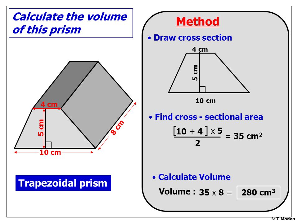 Method Calculate the volume of this prism [ ] x 5 Trapezoidal prism