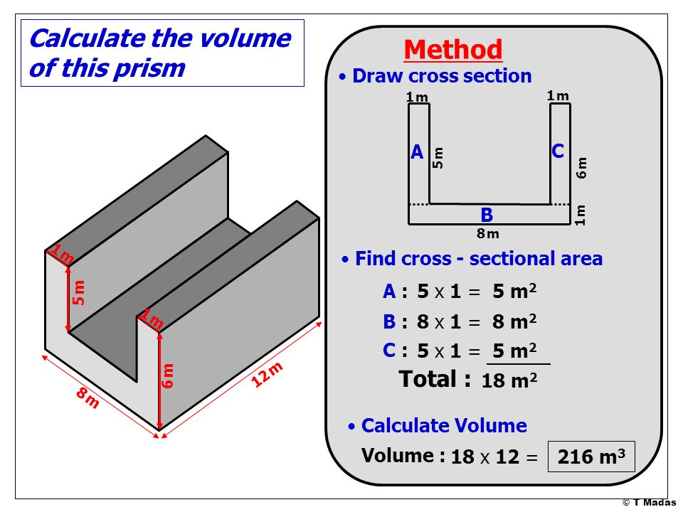 Method Calculate the volume of this prism Total : Draw cross section A