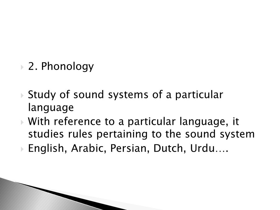 2. Phonology Study of sound systems of a particular language.