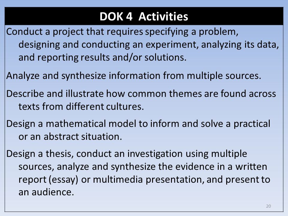 DOK 4 Activities Conduct a project that requires specifying a problem,