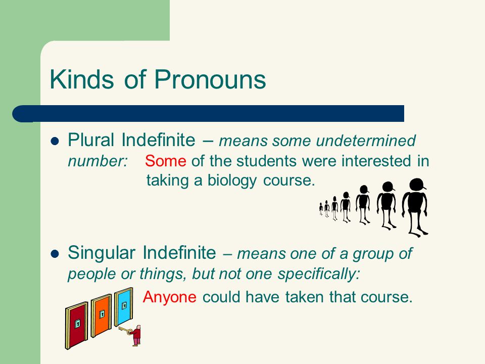 Kinds of Pronouns Plural Indefinite – means some undetermined number: Some of the students were interested in taking a biology course.