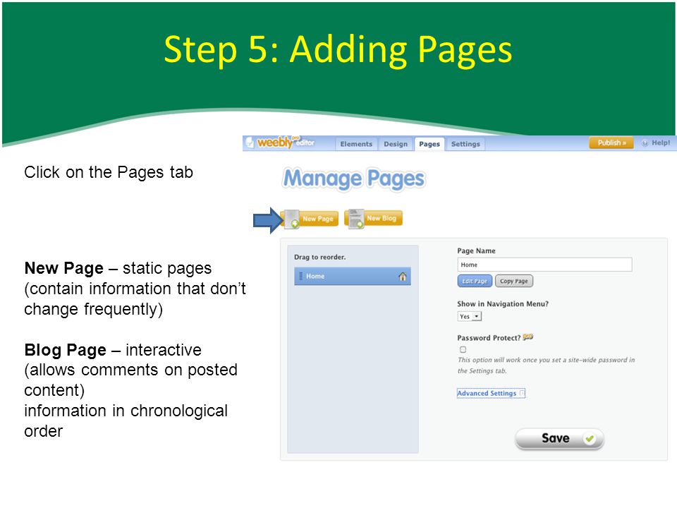 Step 5: Adding Pages Click on the Pages tab