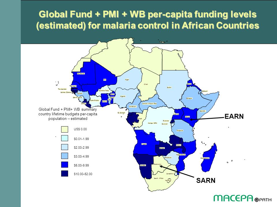 Global Fund + PMI + WB per-capita funding levels (estimated) for malaria control in African Countries