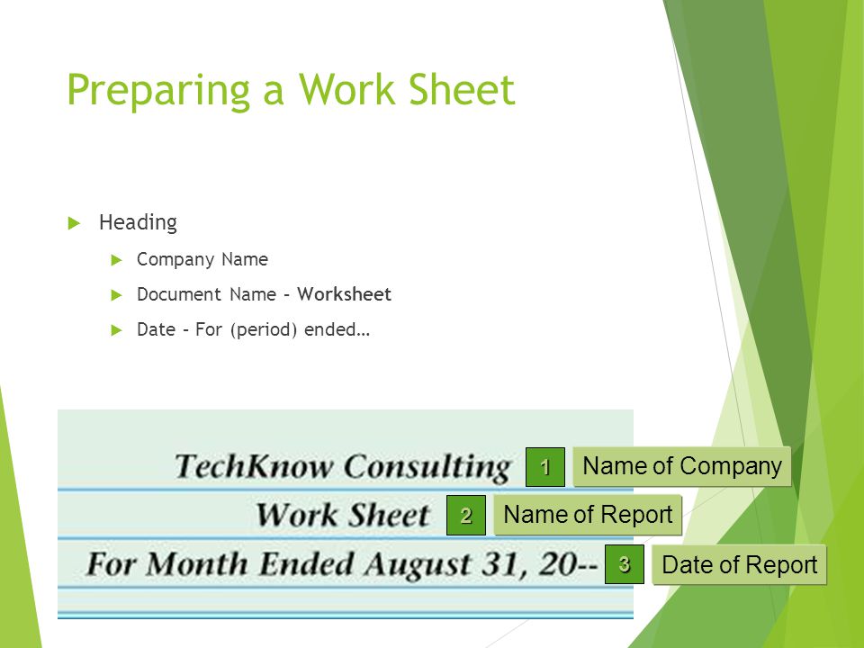 Preparing a Work Sheet Name of Company Name of Report Date of Report