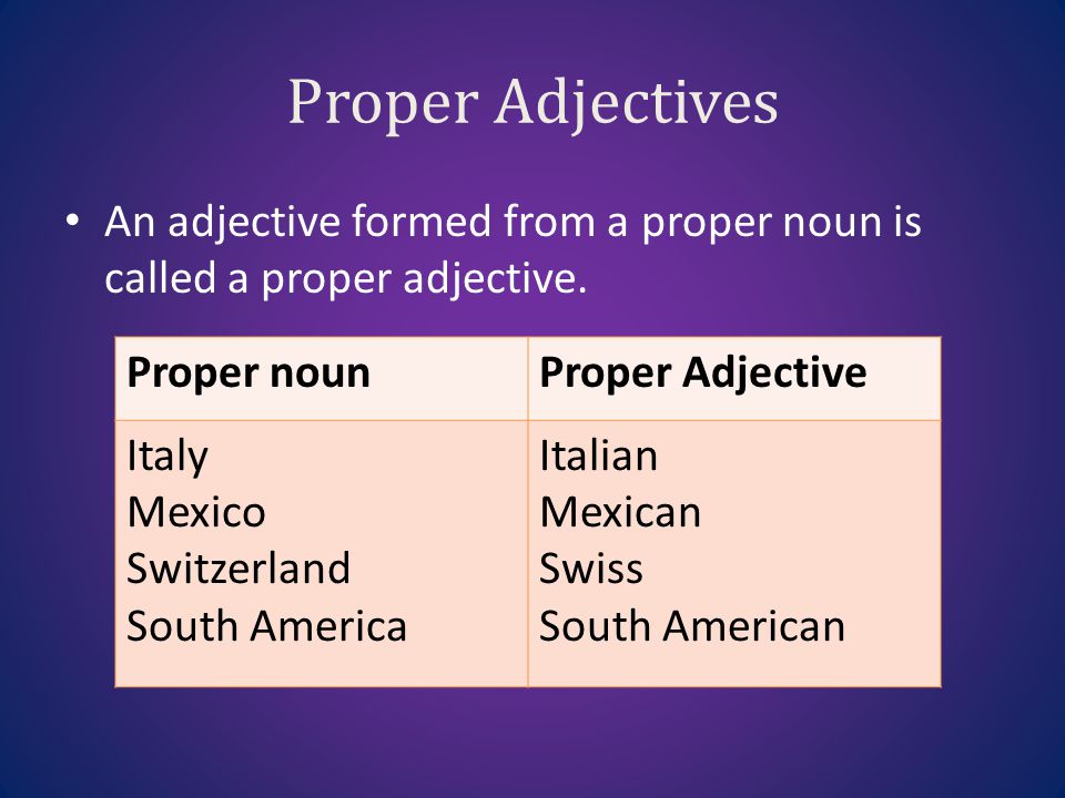 Proper Adjectives An adjective formed from a proper noun is called a proper adjective. Proper noun.