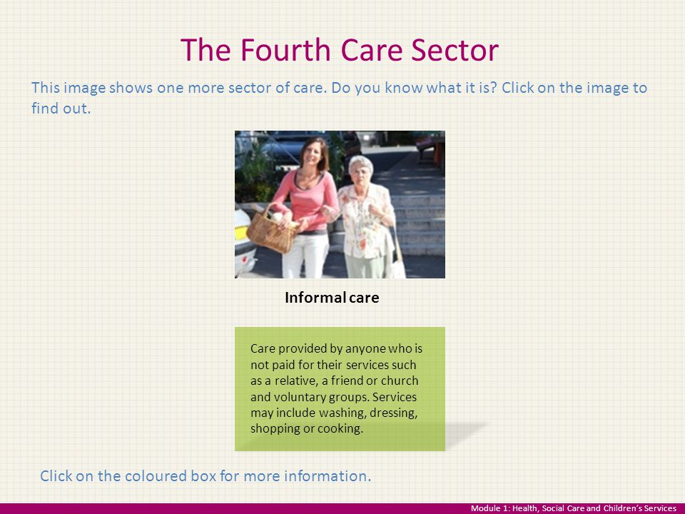 The Fourth Care Sector This image shows one more sector of care. Do you know what it is Click on the image to find out.