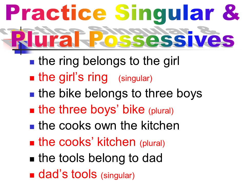 Practice Singular & Plural Possessives. the ring belongs to the girl. the girl’s ring (singular)