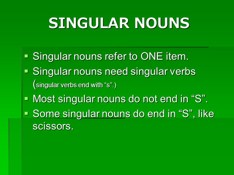 SINGULAR NOUNS Singular nouns refer to ONE item.