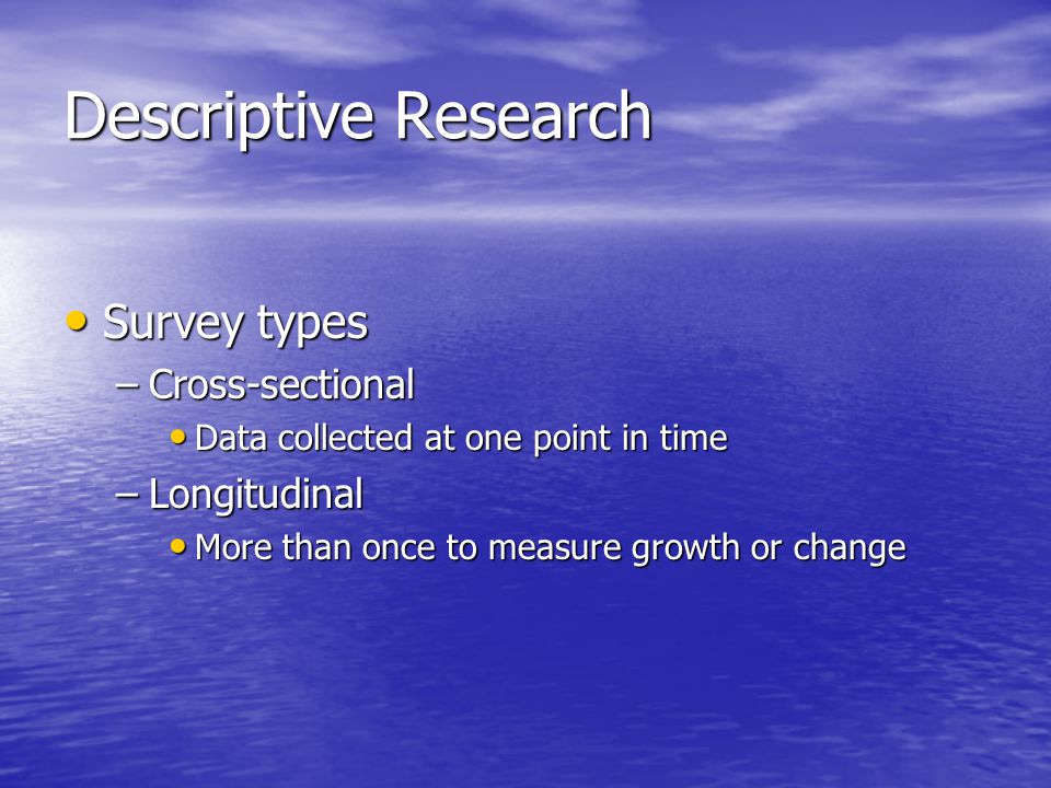 Descriptive Research Survey types Cross-sectional Longitudinal