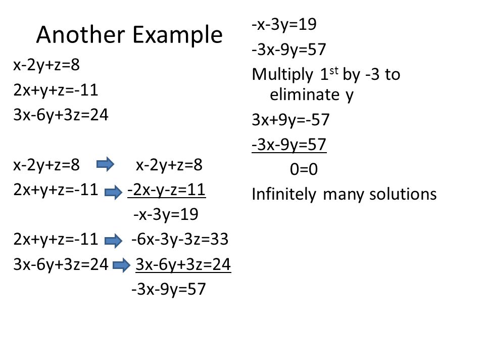Another Example -x-3y=19 -3x-9y=57 Multiply 1st by -3 to eliminate y 3x+9y=-57 0=0 Infinitely many solutions