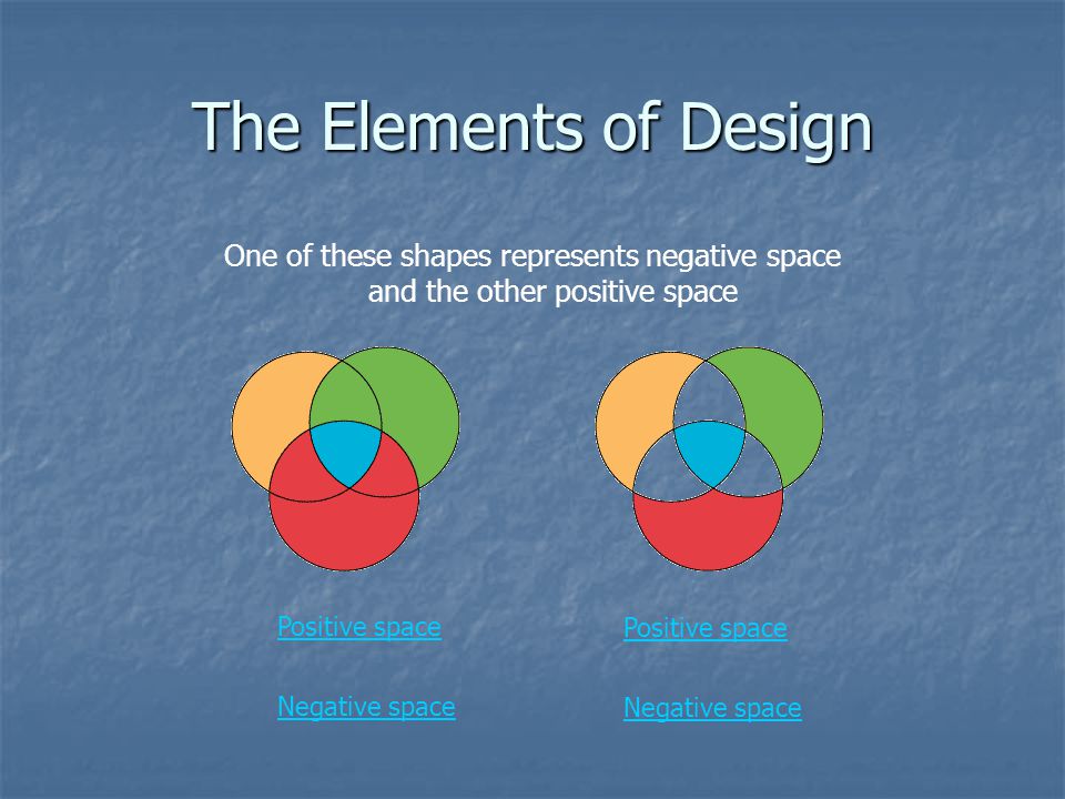 The Elements of Design One of these shapes represents negative space and the other positive space. Positive space.