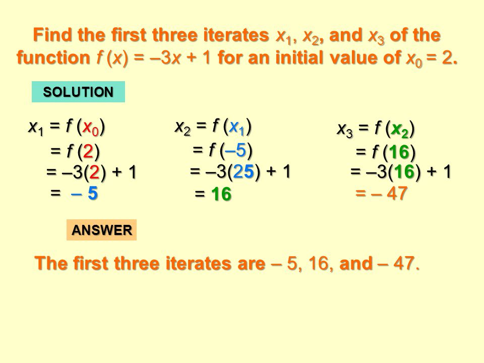 The first three iterates are – 5, 16, and – 47.