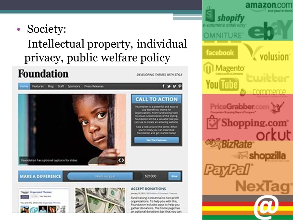 Society: Intellectual property, individual privacy, public welfare policy