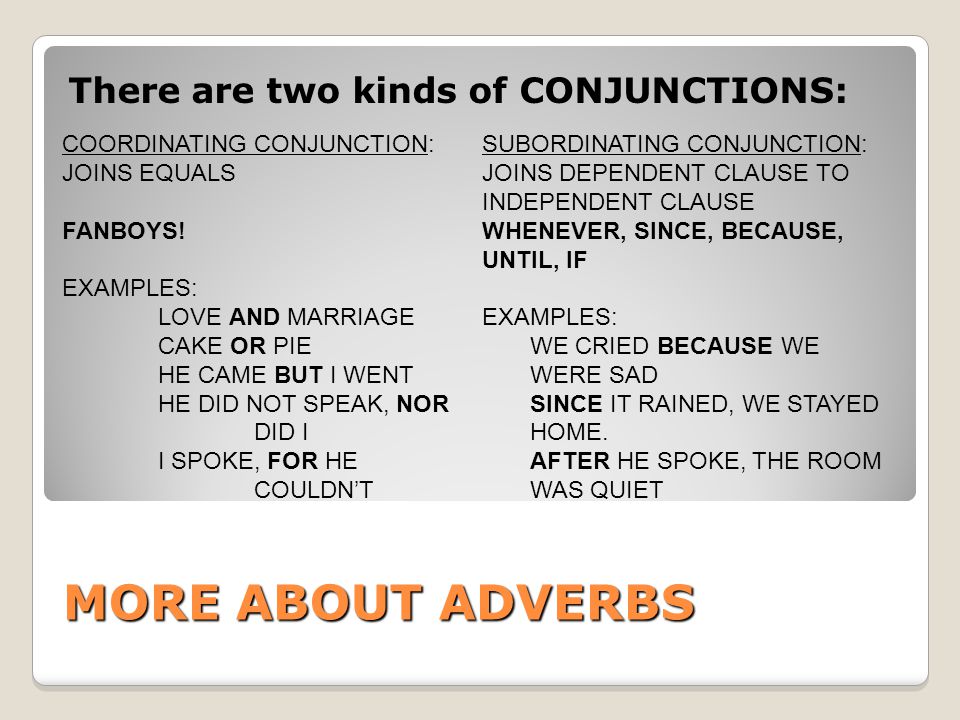 Types of conjunctions: coordinate conjunctions, subordinate.