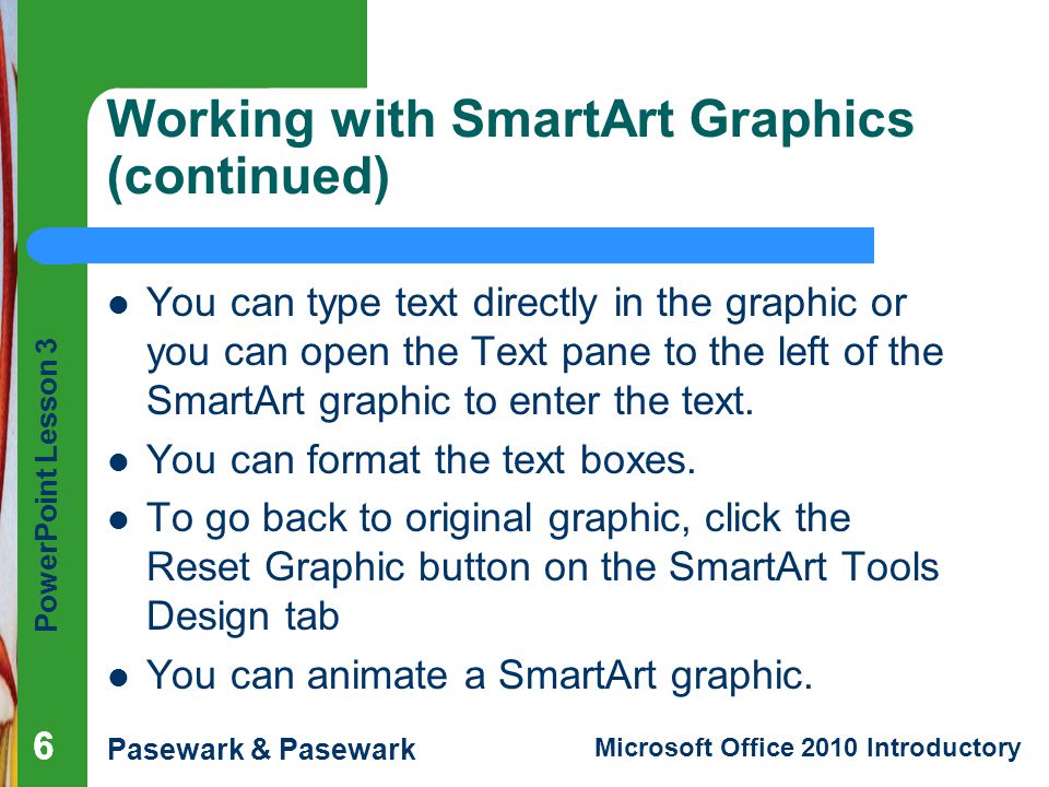 Working with SmartArt Graphics (continued)
