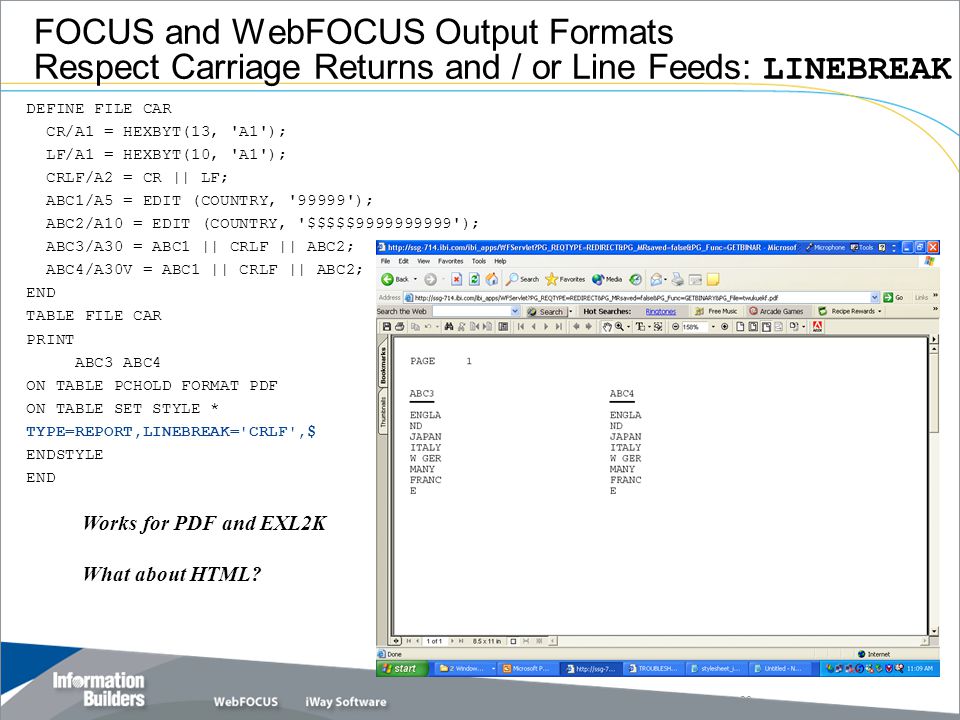 FOCUS and WebFOCUS Output Formats Respect Carriage Returns and / or Line Feeds: LINEBREAK