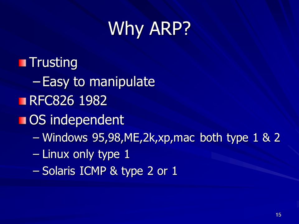 Methods of Isolation ARP DHCP VLAN switch If all else fails… Blackhole