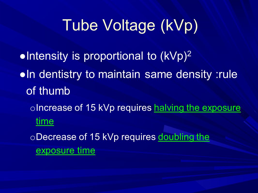 Tube Voltage (kVp) Intensity is proportional to (kVp)2
