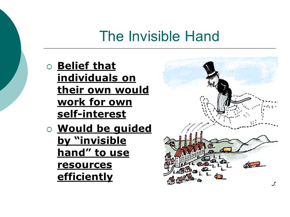 The Invisible Hand Belief that individuals on their own would work for own self-interest.