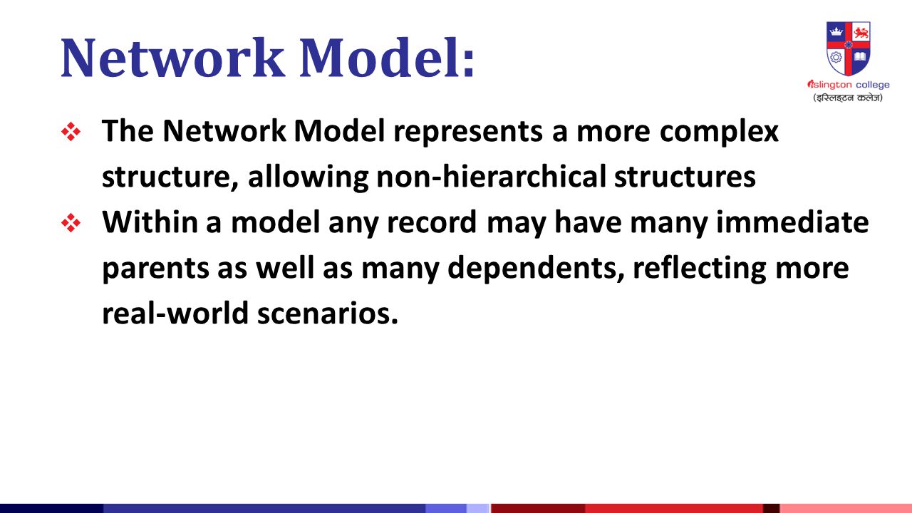 Network Model: The Network Model represents a more complex structure, allowing non-hierarchical structures.