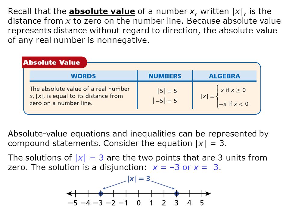 Recall that the absolute value of a number x, written |x|, is the distance from x to zero on the number line. Because absolute value represents distance without regard to direction, the absolute value of any real number is nonnegative.