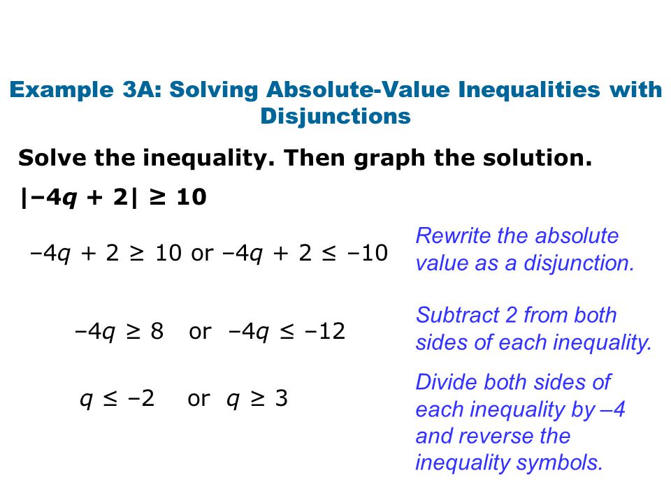 Example 3A: Solving Absolute-Value Inequalities with Disjunctions