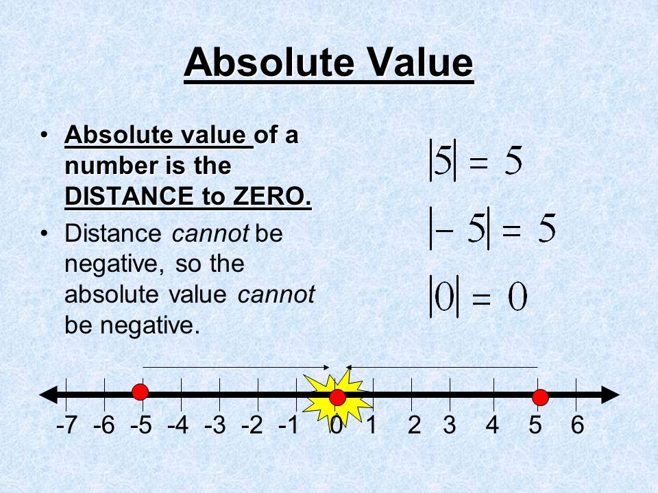 Absolute Value Absolute value of a number is the DISTANCE to ZERO.