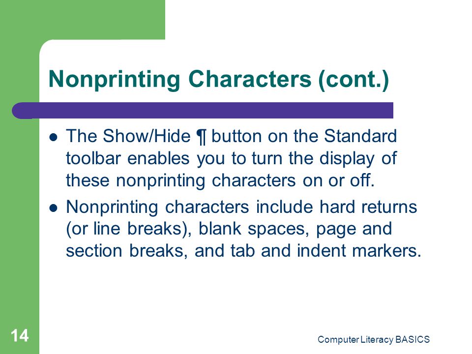 Nonprinting Characters (cont.)