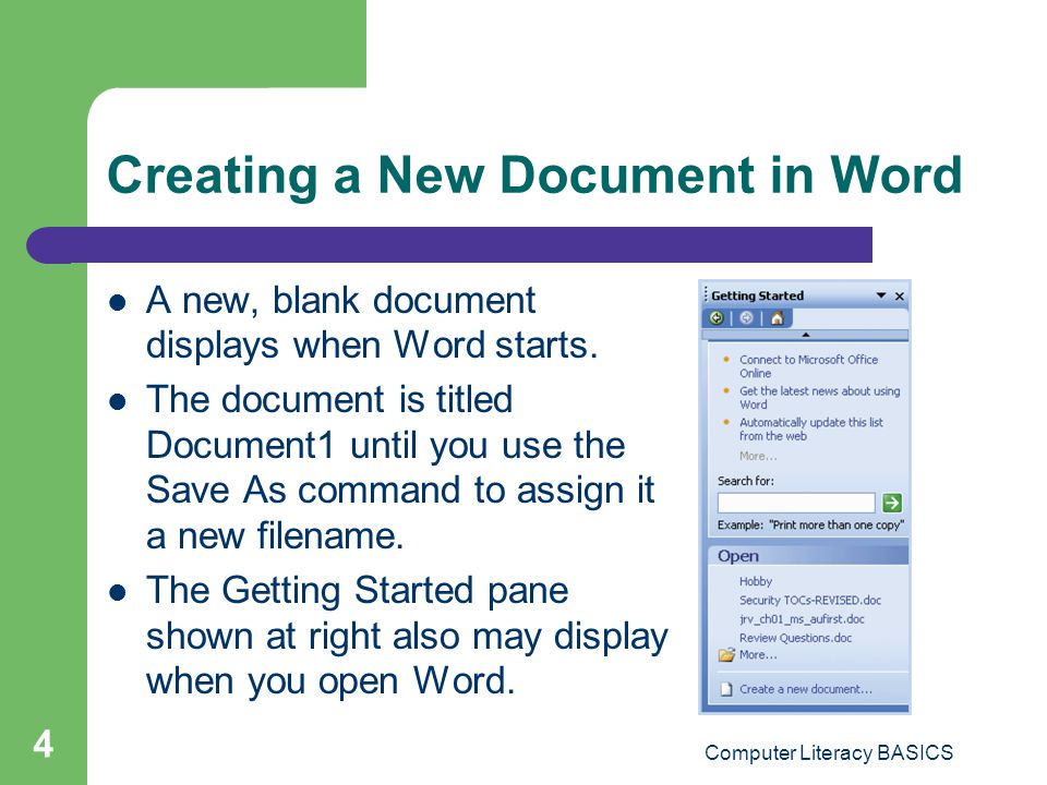 Creating a New Document in Word