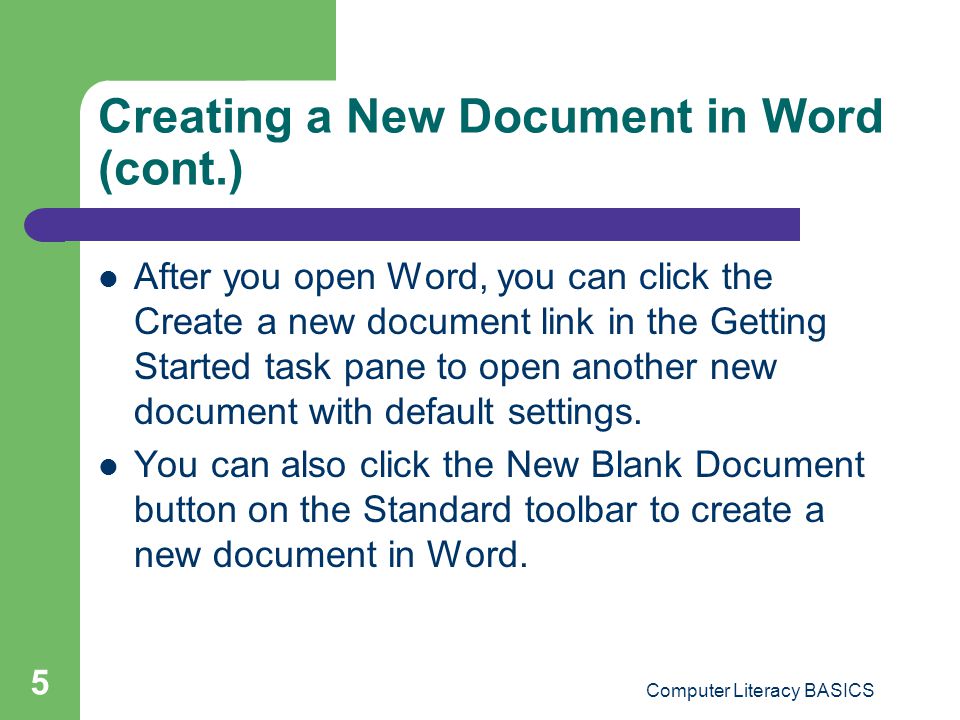 Creating a New Document in Word (cont.)
