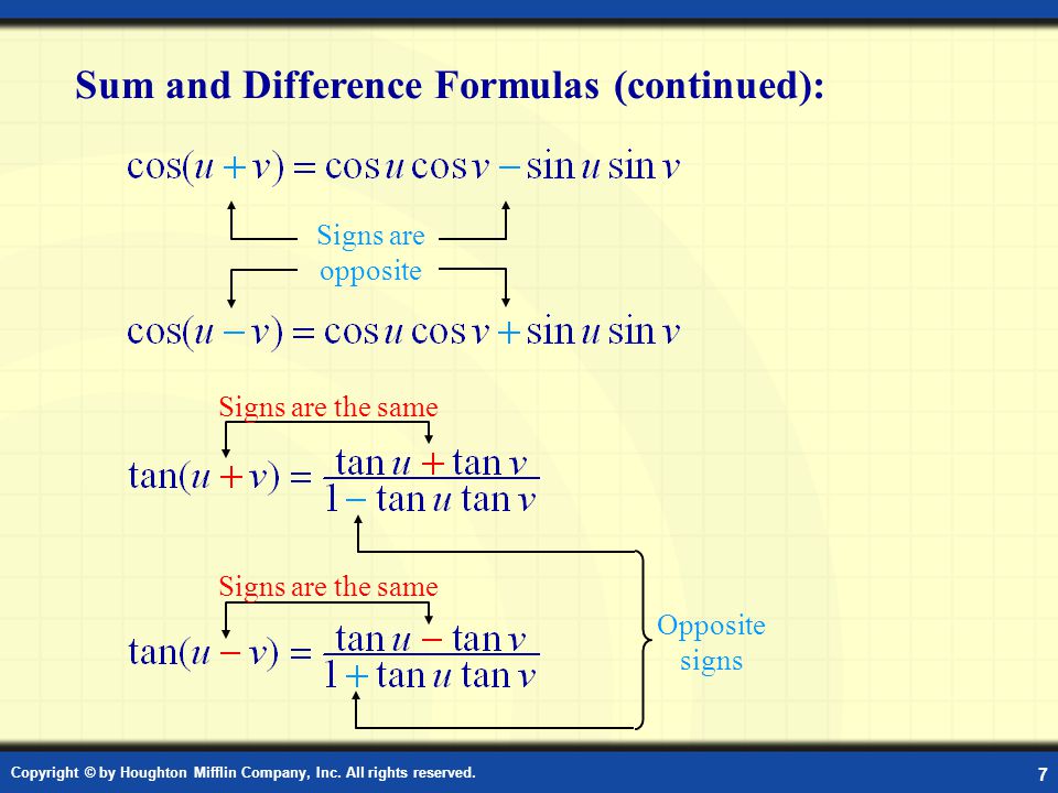 Sum and Difference Formulas (continued)