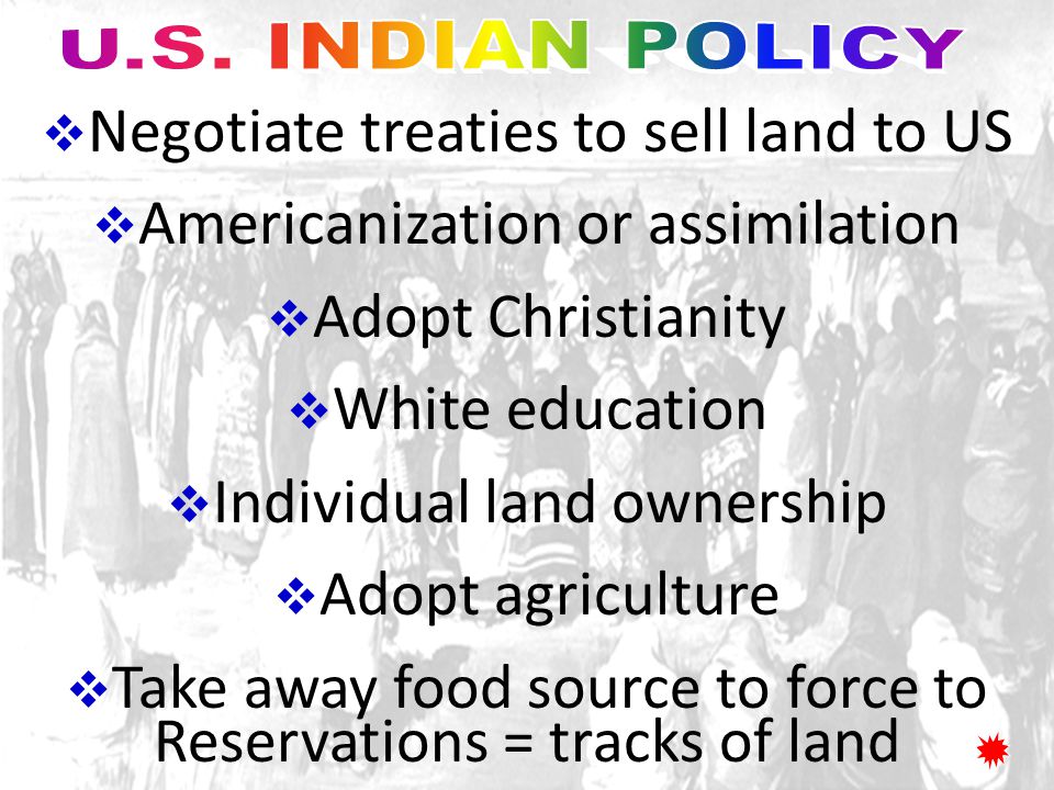 Negotiate treaties to sell land to US Americanization or assimilation