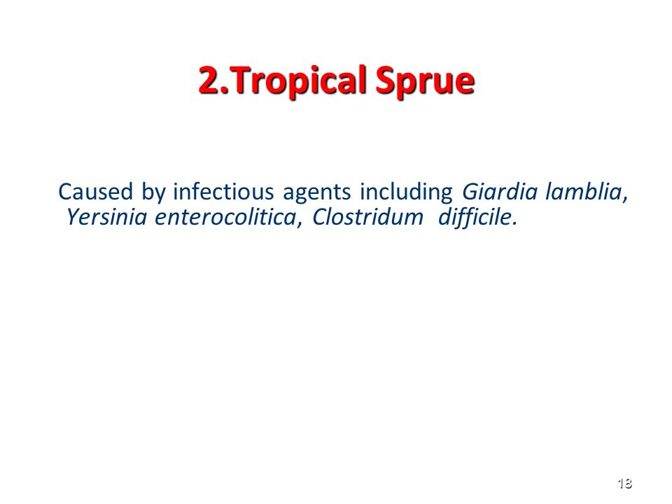 2.Tropical Sprue Caused by infectious agents including Giardia lamblia, Yersinia enterocolitica, Clostridum difficile.