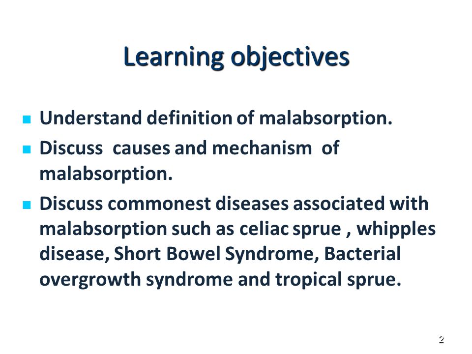Learning objectives Understand definition of malabsorption.