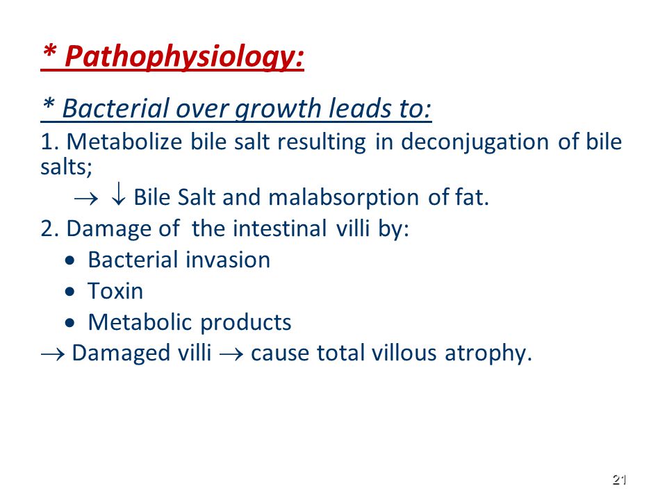 * Pathophysiology: * Bacterial over growth leads to: