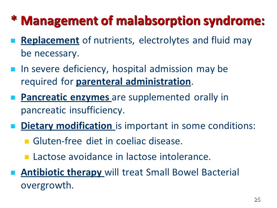* Management of malabsorption syndrome: