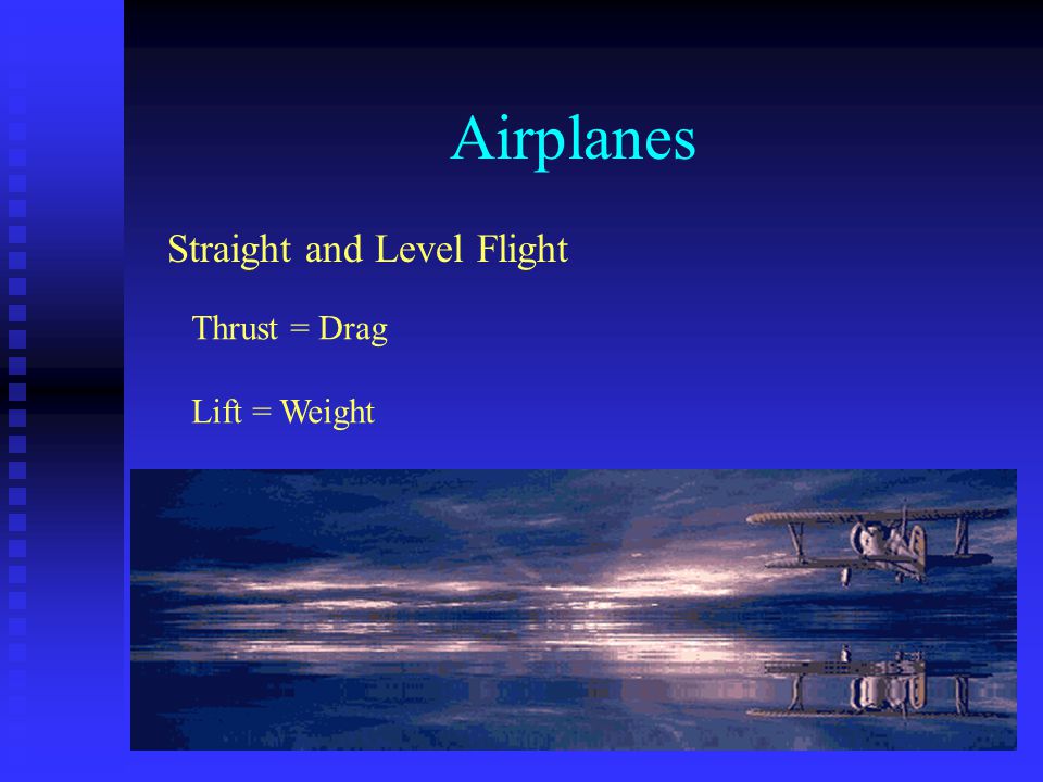 Airplanes Straight and Level Flight Thrust = Drag Lift = Weight