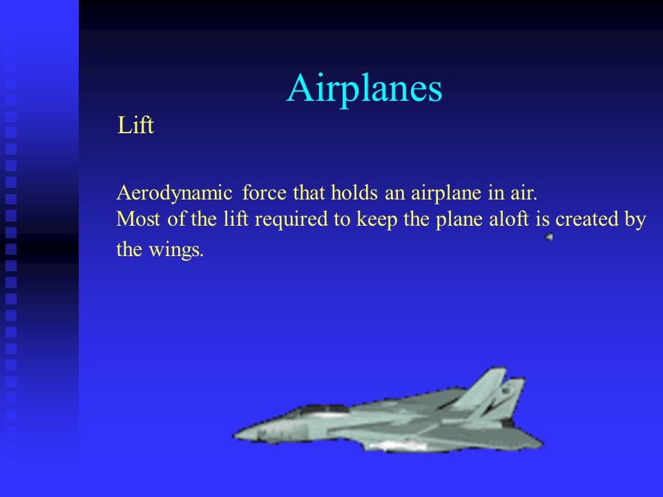 Airplanes Lift Aerodynamic force that holds an airplane in air.