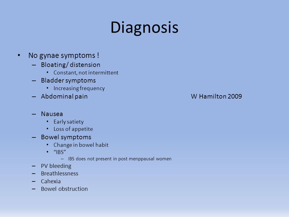 Diagnosis No gynae symptoms ! Bloating/ distension Bladder symptoms
