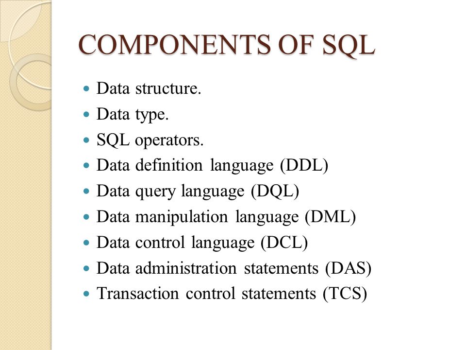 COMPONENTS OF SQL Data structure. Data type. SQL operators.