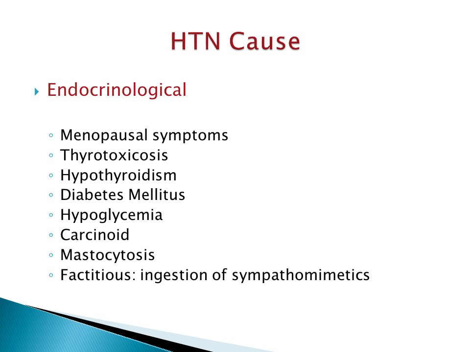 HTN Cause Endocrinological Menopausal symptoms Thyrotoxicosis