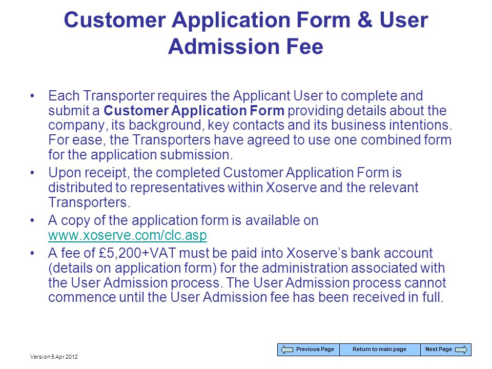 Customer Application Form & User Admission Fee
