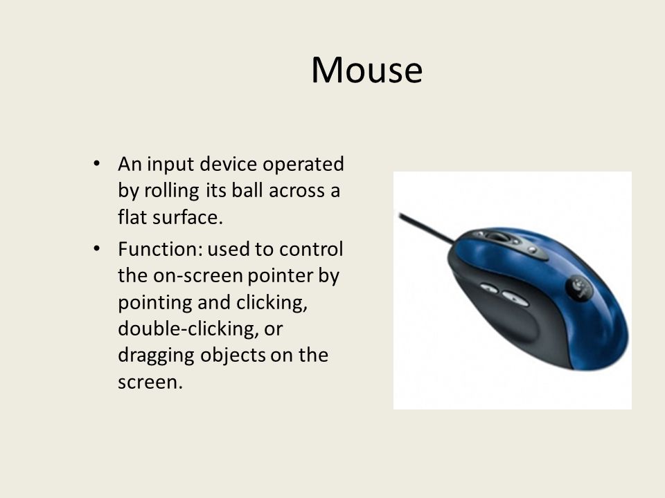 Mouse An input device operated by rolling its ball across a flat surface.