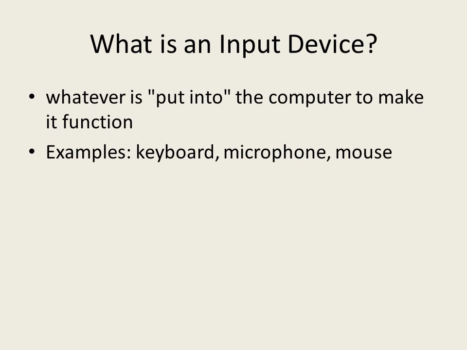 What is an Input Device. whatever is put into the computer to make it function.